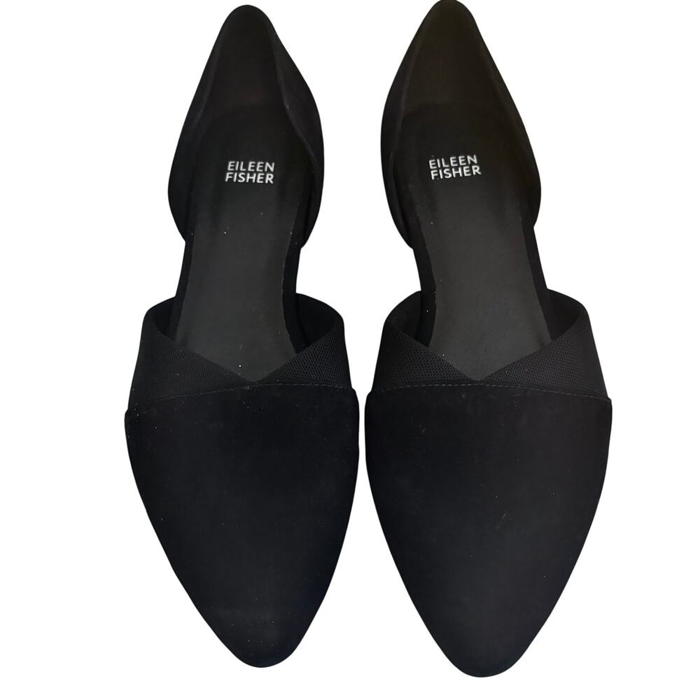 Eileen Fisher Black Suede Leather D'Orsay Ballet Flats Pointed Toe Minimalist